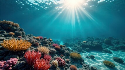 Naklejka premium Sunlight shining over a vibrant coral reef with colorful sea anemones underwater 