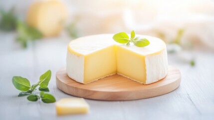 A round cheese wheel sits on a wooden board, partially sliced, surrounded by fresh herbs in a softly lit kitchen environment