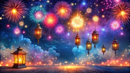 Vibrant Diwali Night Sky with Fireworks and Lights, autumn festival, lanterns