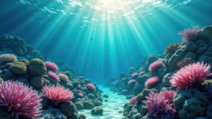 Sunlight filtering through clear ocean water over a coral reef with fish swimming	