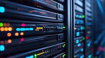 Naklejka premium Modern Data Center Infrastructure with Colorful LED Lights on Server Racks in a Technology Environment