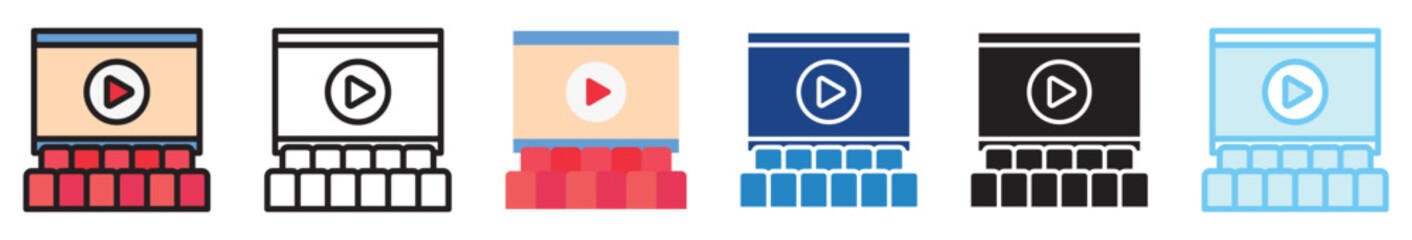 Movie Screen multi style, mini illustration icon set. outline, flat, glyph, line color, UI, UX, app and web, digital or print. related to movie, cinema, entertainment.
