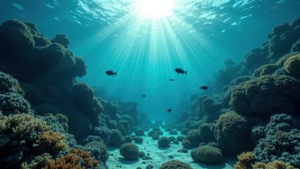Sunlight shining through ocean water over a coral reef with colorful sea anemones	