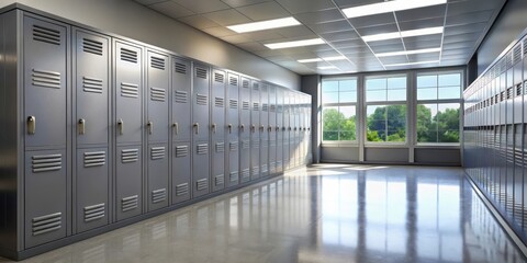 Grey metal lockers lining a long nondescript high school hallway with large windows allowing natural light to pour in and illuminating the space, natural light, metal lockers
