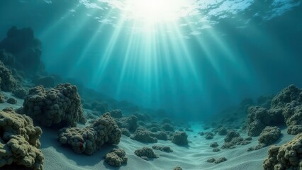 Sunlight shining through ocean water over a damaged and bleached coral reef	