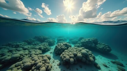 Sunlight shining through ocean water over a damaged and bleached coral reef	
