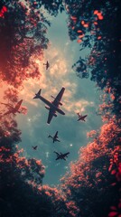 Naklejka premium Airplanes over autumn forest: A surreal sunset flight