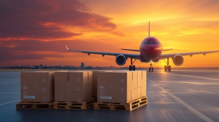 Large cargo pallets are positioned on the tarmac as an aircraft gets ready for takeoff against a vibrant sunset background