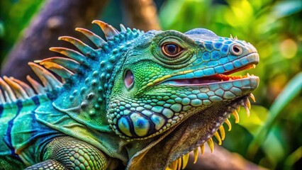 Fototapeta premium Vibrant green iguana with sharp teeth and vibrant blue scales on its back, nature, reptiles, nature