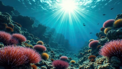 Obraz premium Underwater scene of a vibrant coral reef with colorful corals and sun rays 