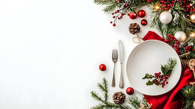 Christmas table setting isolated on white background