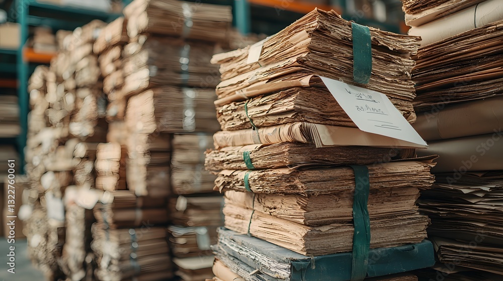 Poster neatly stacked recycled paper sheets in a warehouse setting providing a clean minimalist and profess