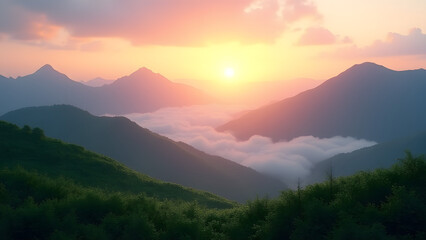 Obraz premium A stunning mountain landscape at sunrise, with lush green hills and majestic peaks. Soft hues of orange and pink fill the sky, while mist blankets the valleys, creating a serene atmosphere.