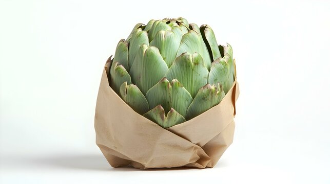 Artichaut frais vert dans papier kraft isol&eacute; sur fond blanc. Nourriture am&eacute;ricaine.