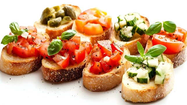 Assortiment de bruschetta italienne fraiche avec tomates concombre et basilic isole sur fond blanc