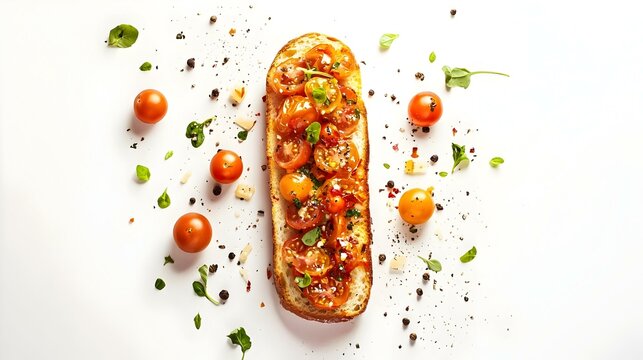 Bruschetta Tomates Cerises Roaties Herbs Isole sur fond blanc Cuisine Americaine