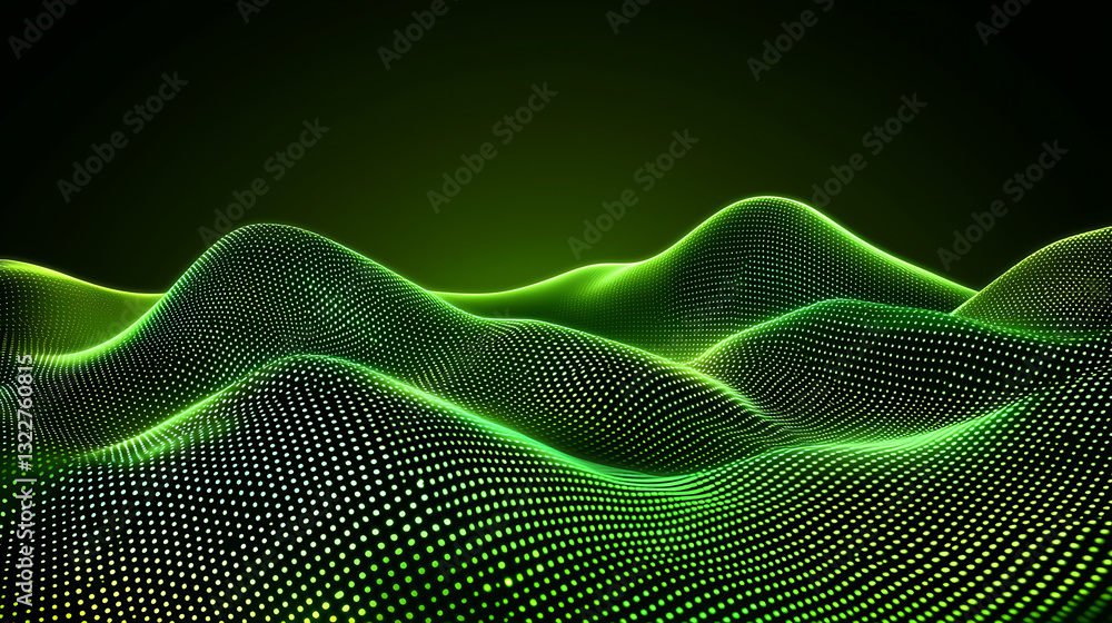 Poster dynamic green wave patterns digital landscape abstract art virtual environment aerial view futuristi