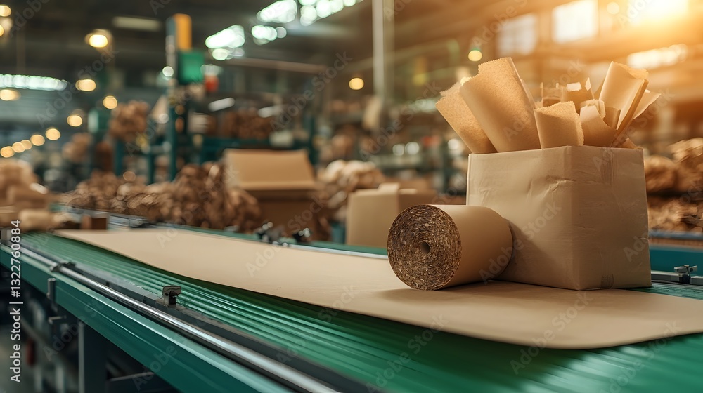 Poster photograph showcasing the manufacturing process of recycled paper products within an organized and e