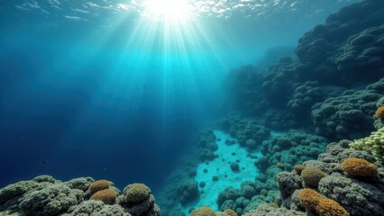 Naklejka premium Sunlight streaming through clear ocean water over a coral reef ecosystem 
