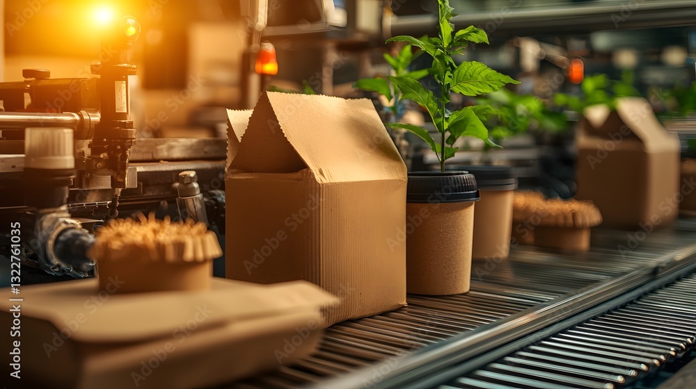 Poster automated production line manufacturing recycled paper products in an industrial factory setting wit