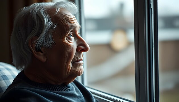 Elderly Man Looks Out the Window Thoughtfully in a Moment of Quiet Reflection