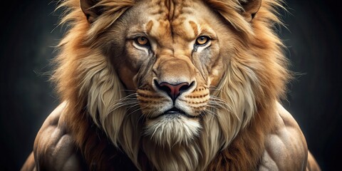 Fototapeta premium Fierce Lion's Face Close-up with Tense Muscles and Puffed Out Chest