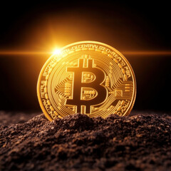 golden cryptocurrency coin shines brightly against dark background, symbolizing wealth and innovation. warm light creates hopeful atmosphere