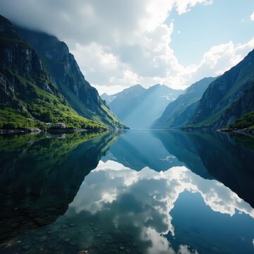 Dramatic Hadselfjorden fjord, Vester?len mountains reflecting in calm water , north, picture