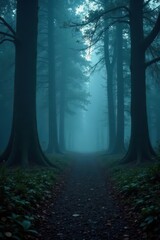 Fototapeta premium Dark, mystical forest path Thick fog shrouds ancient trees, eerie glow , pathway, fantasy, night