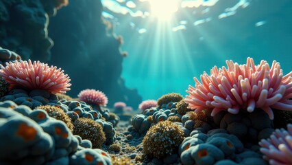 Fototapeta premium Close-up of coral reef releasing spawn under ocean sunlight during bleaching 