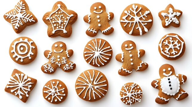 Galletas de jengibre decoradas de Navidad surtidas aisladas sobre fondo blanco. comida americana
