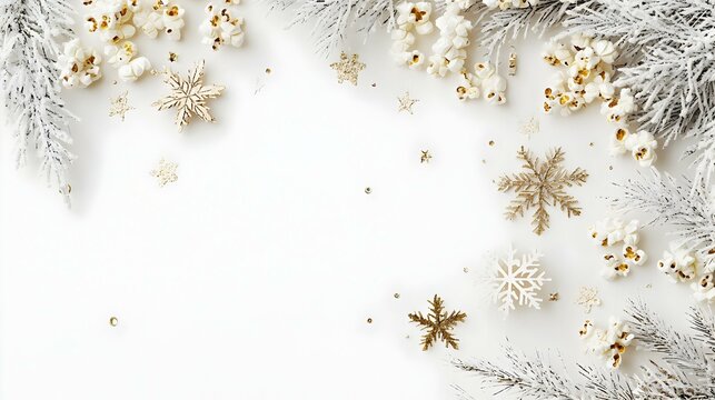 D&eacute;coration de No&euml;l Hivernale avec Flocons de Neige Dor&eacute;s et Pop-corn Isol&eacute;e sur Fond Blanc. Nourriture Am&eacute;ricaine