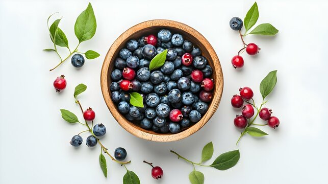 Mirtilos frescos e groselhas vermelhas em tigela de madeira isolados em fundo branco. Comida americana