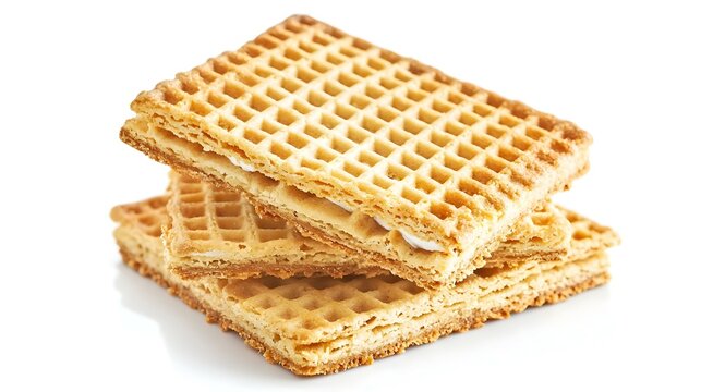 Galletas de oblea cuadradas apiladas rellenas con crema aisladas sobre fondo blanco. Comida americana