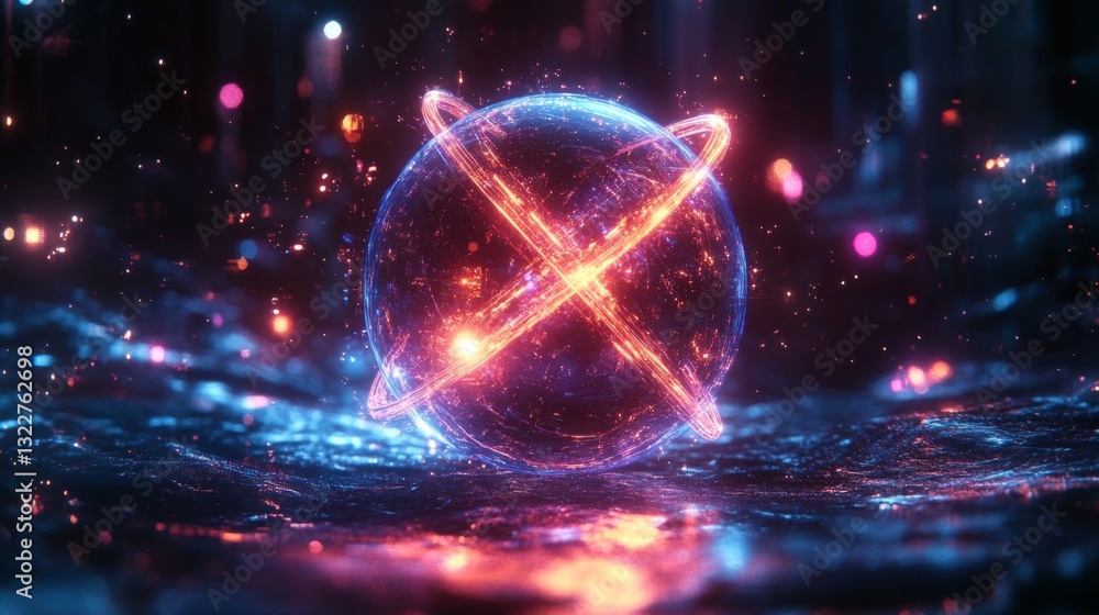 Fototapete A captivating representation of quantum concepts like superposition and entanglement, featuring a glowing orb in a dynamic setting that highlights decoherence and quantum circuits.