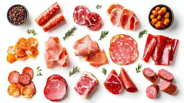 Assortiment de charcuterie et de charcuterie froide vue de dessus isole sur fond blanc. Nourriture americaine