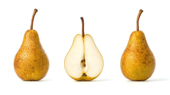 Poires fraiches entieres et coupees en deux isolees sur fond blanc nourriture americaine