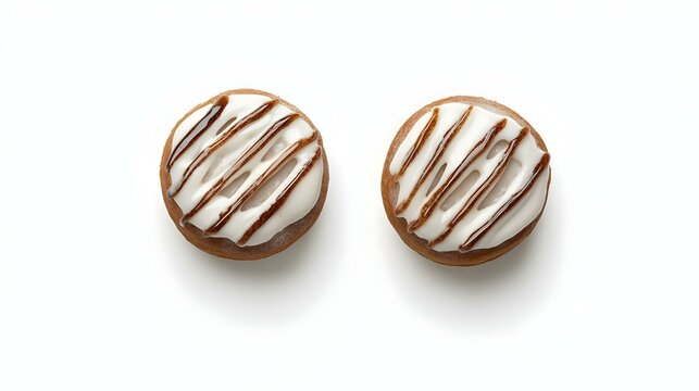Deux petits biscuits glaces et rayes isoles sur fond blanc. Nourriture americaine