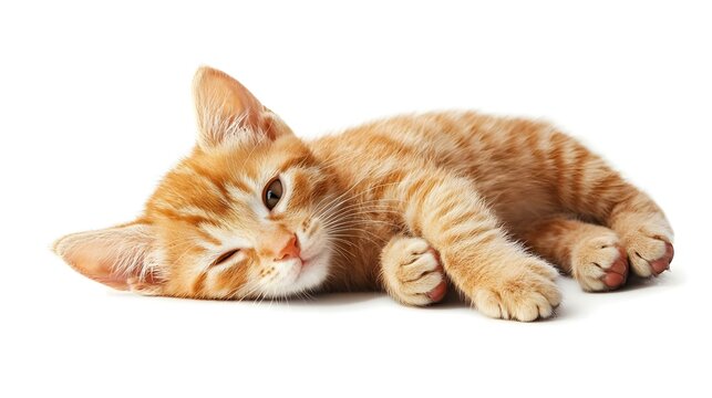 Gatito naranja durmiendo aislado sobre fondo blanco American food