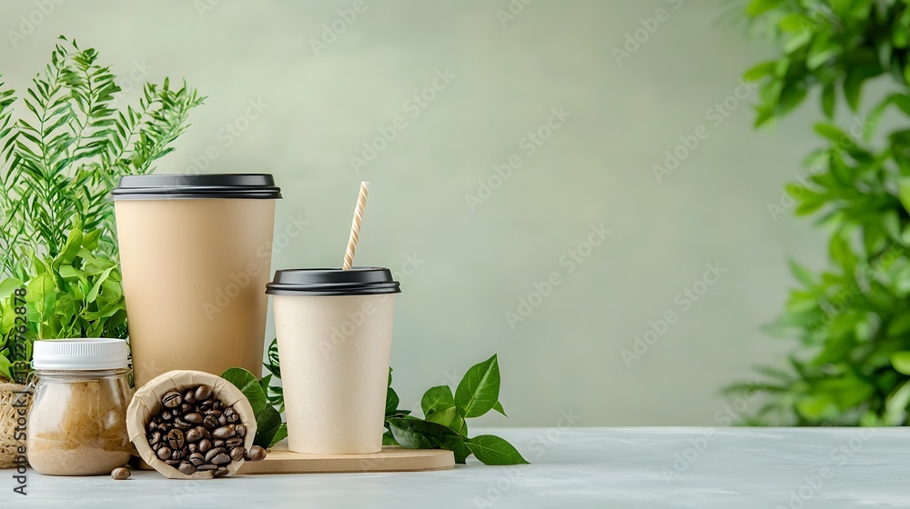 Poster neatly arranged biodegradable cups and plates made from recycled paper with clean minimalist design 