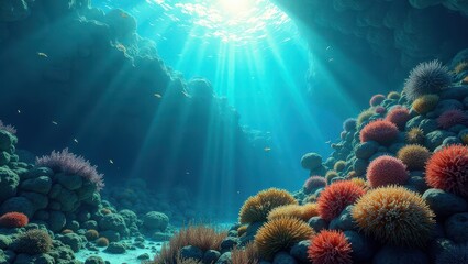 Fototapeta premium Sunlight shining through ocean water onto a coral reef affected by bleaching 