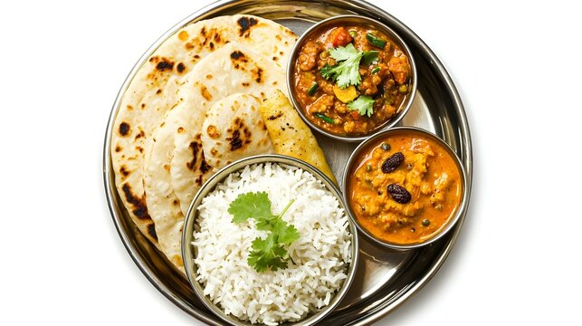 Top view of indian food thali with panner rice