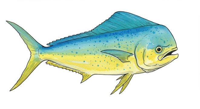 Colorful illustration of a mahi-mahi dorado fish swimming gracefully in a vibrant ocean environment