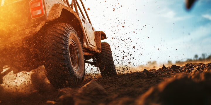 Off road vehicle climbing up rocky terrain, kicking up dirt and dust. powerful tires grip ground, showcasing thrill of adventure in rugged landscape