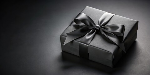 Fototapeta premium Black gift box with elegant black ribbon on dark background for Black Friday promotion , luxury packaging, midnight sale decor