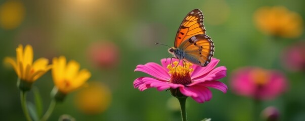 Obraz premium Delicate butterfly perched on vibrant wildflower, wings spread , fauna, leaf