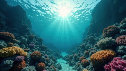 Fototapeta premium Sunlight shining through ocean water onto a coral reef affected by bleaching 