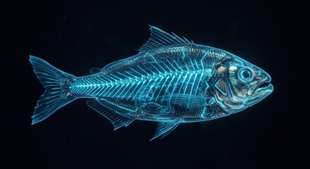 Fototapeta premium Transparent view of a dorado fish showcasing its skeletal structure against a dark background, ideal for educational use