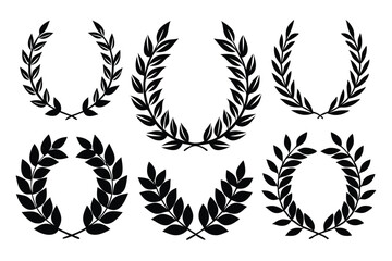 Set of black and white silhouette circular laurel foliate and wheat wreaths depicting an award achievement
