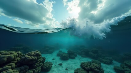 Fototapeta premium Sunlight filtering through clear ocean water over a coral reef ecosystem 